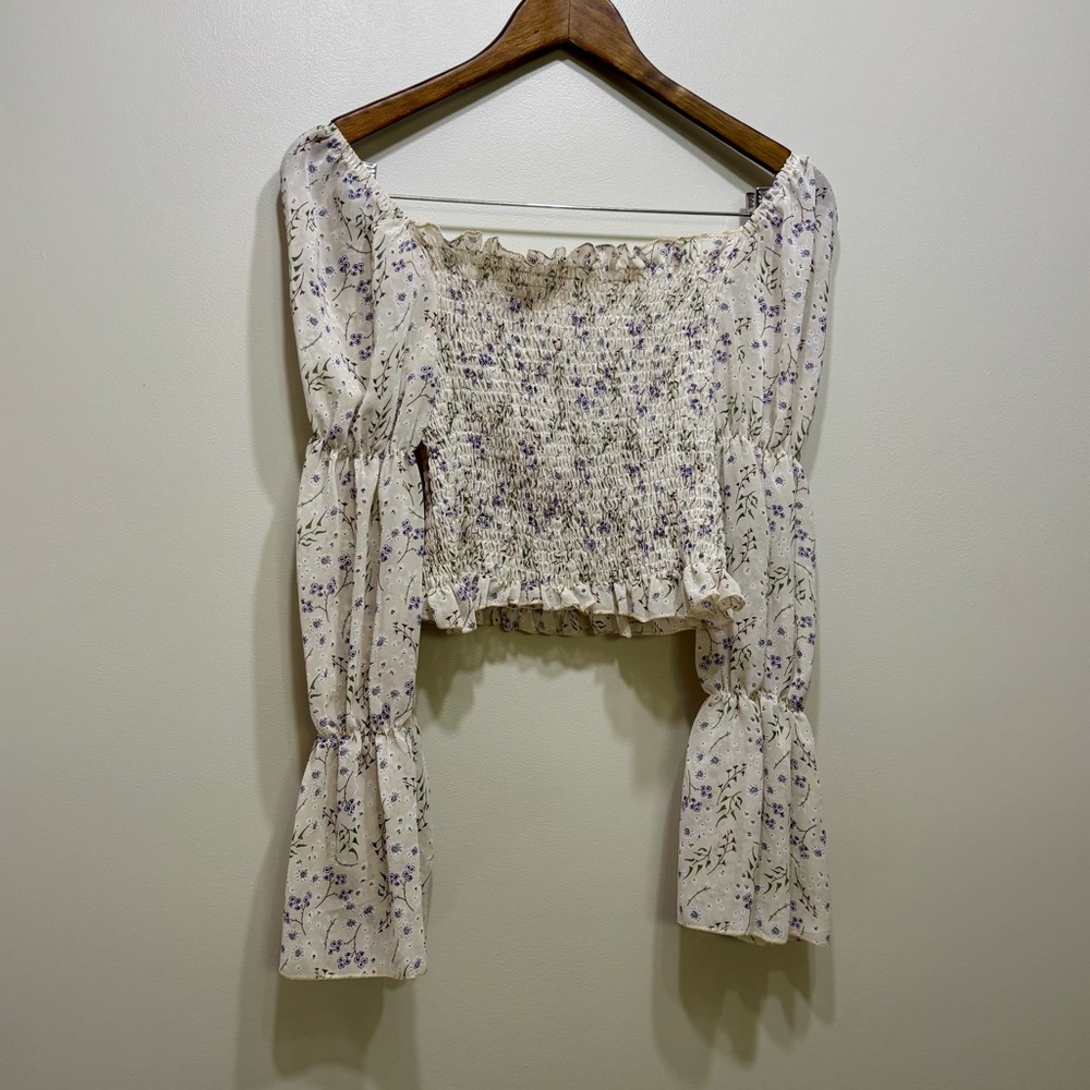 Cheep Floral Shirring Bubble Sleeve Off The Shoulder Cropped Crop Top Cream
